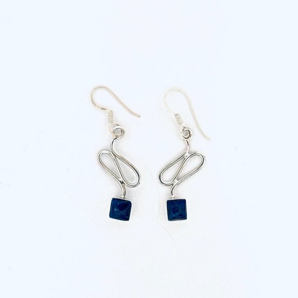 Sterling Silver 925 Lapis Lazuli Drop Dangle Earrings Hook Design, Weight 3.45g - Picture 3 of 11